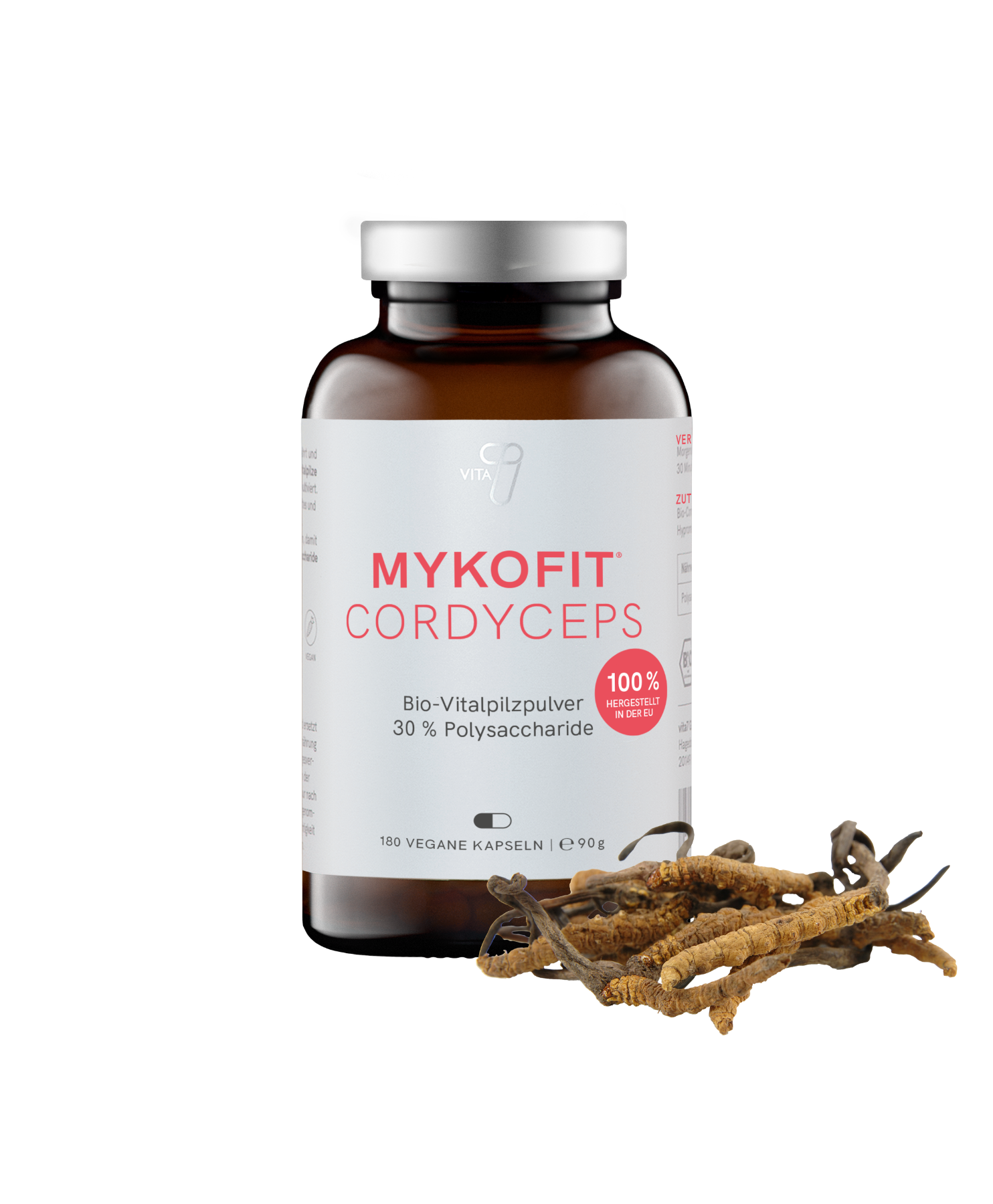 Cordyceps Vitalpilz Kapseln Mykofit vita7 im Braunglas mit metallisch glänzender Schrift rotrosa, hochwertig