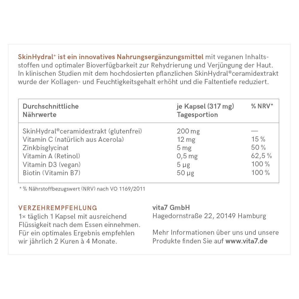 Verpackung von SkinHydral⁺ mit hervorgehobenen Inhaltsstoffen, zeigt Transparenz und Reinheit des Produkts.